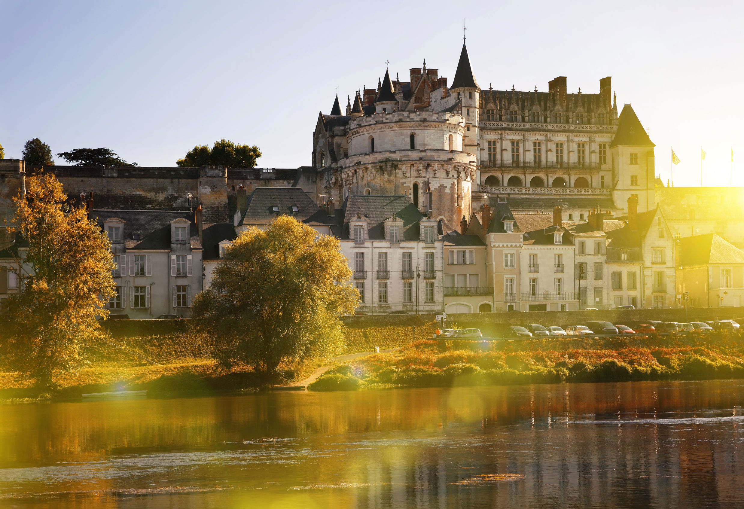 View of Royal castle Chateau de Amboise on river Loire, France