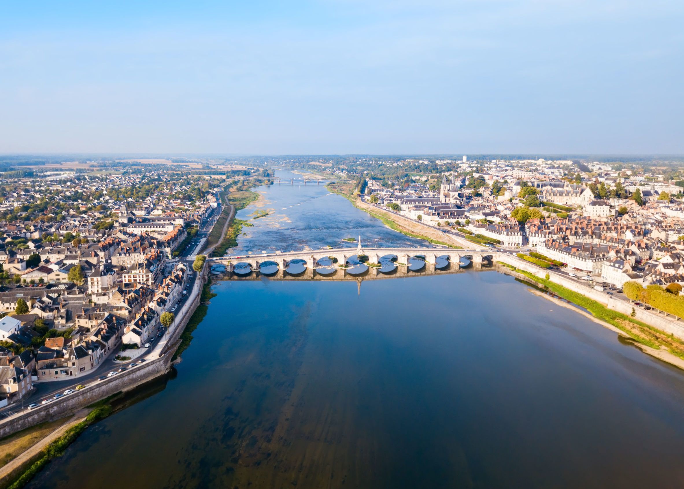 Loire river valley and Blois city aerial panoramic view in France